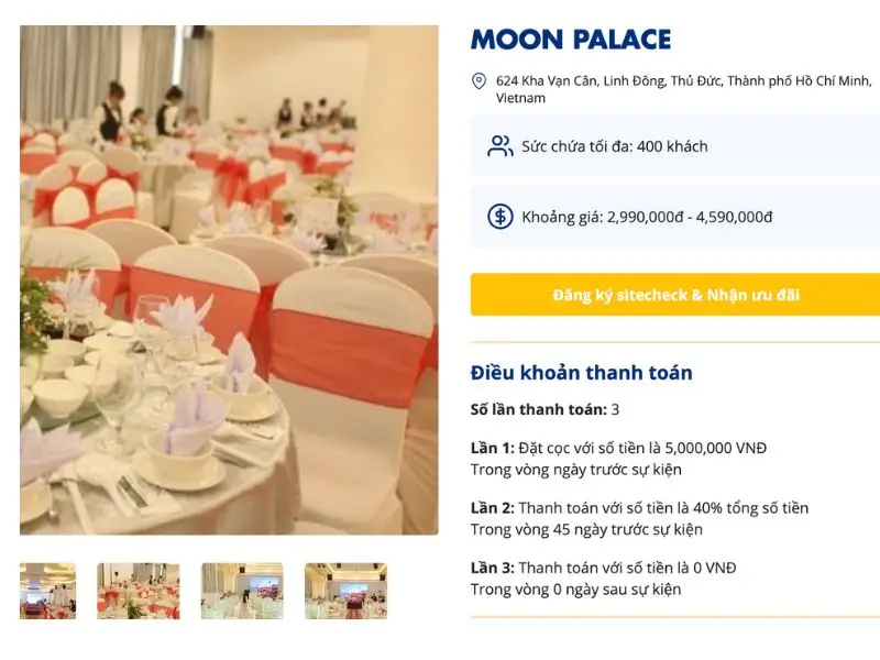 Menu và bảng giá các gói tiệc cưới của nhà hàng Moon Palace