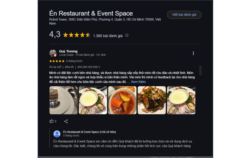 Én Restaurant & Event Space nhận về 4.3 sao từ hơn 1300 đánh giá trên Google Map