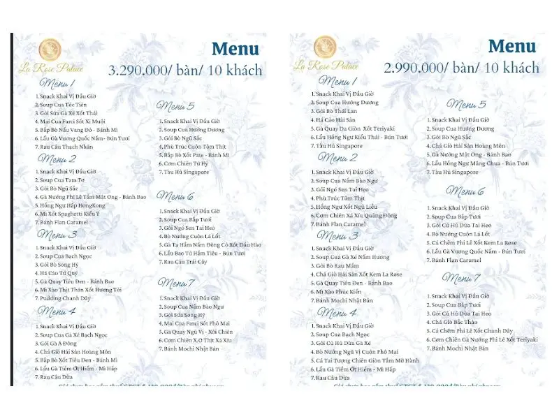 Menu và bảng giá tiệc cưới La Rose Palace