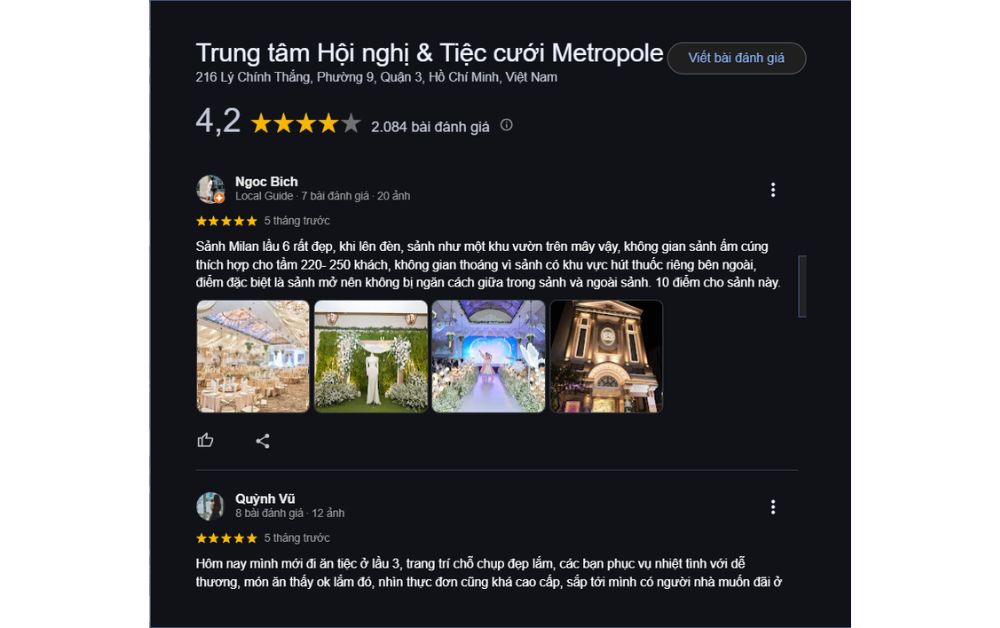 Metropole nhận về 4.2 sao từ hơn 2000 đánh giá trên Google Map