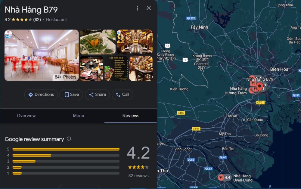 Nhà hàng B79 được đánh giá 4.2 sao trên Google Map