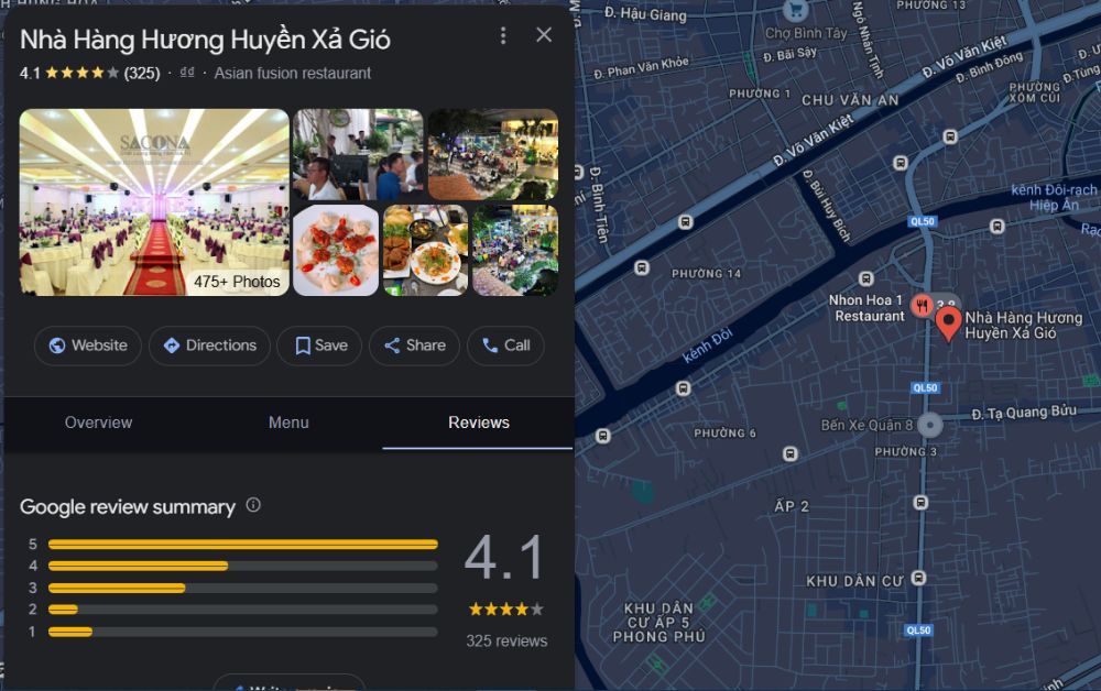 Nhà hàng Hương Huyền nhận đánh giá 4.1 sao trên Google Map