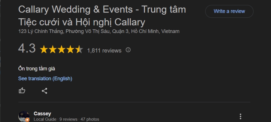 Callary Lý Chính Thắng nhận 4.3 sao từ các đánh giá trên Google Map
