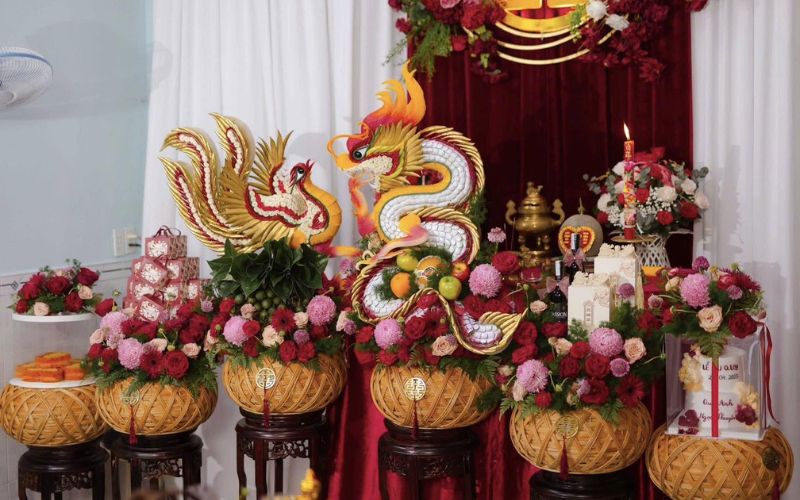 6 mâm quả đám cưới miền Nam được biến tấu Rồng Phụng đựng giỏ mây - Nguồn Internet