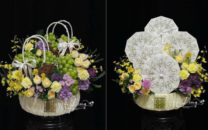 Mâm trái cây và bánh biến tấu cùng hoa - Nguồn Hải Phong